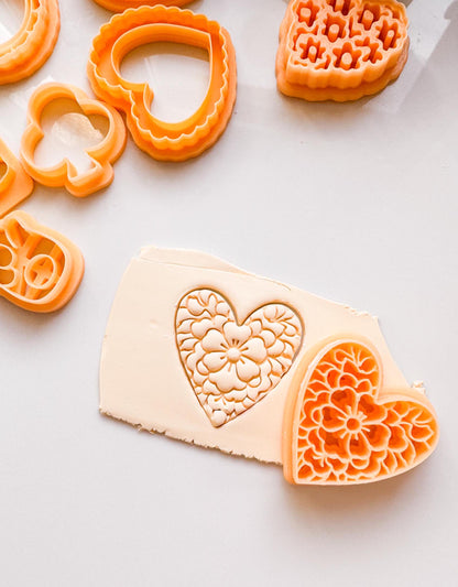 Floral Heart Clay Cutter: Embossed Flower Pattern Jewelry Tool