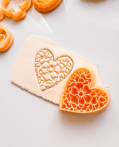 Floral Heart Clay Cutter: Embossed Flower Pattern Jewelry Tool