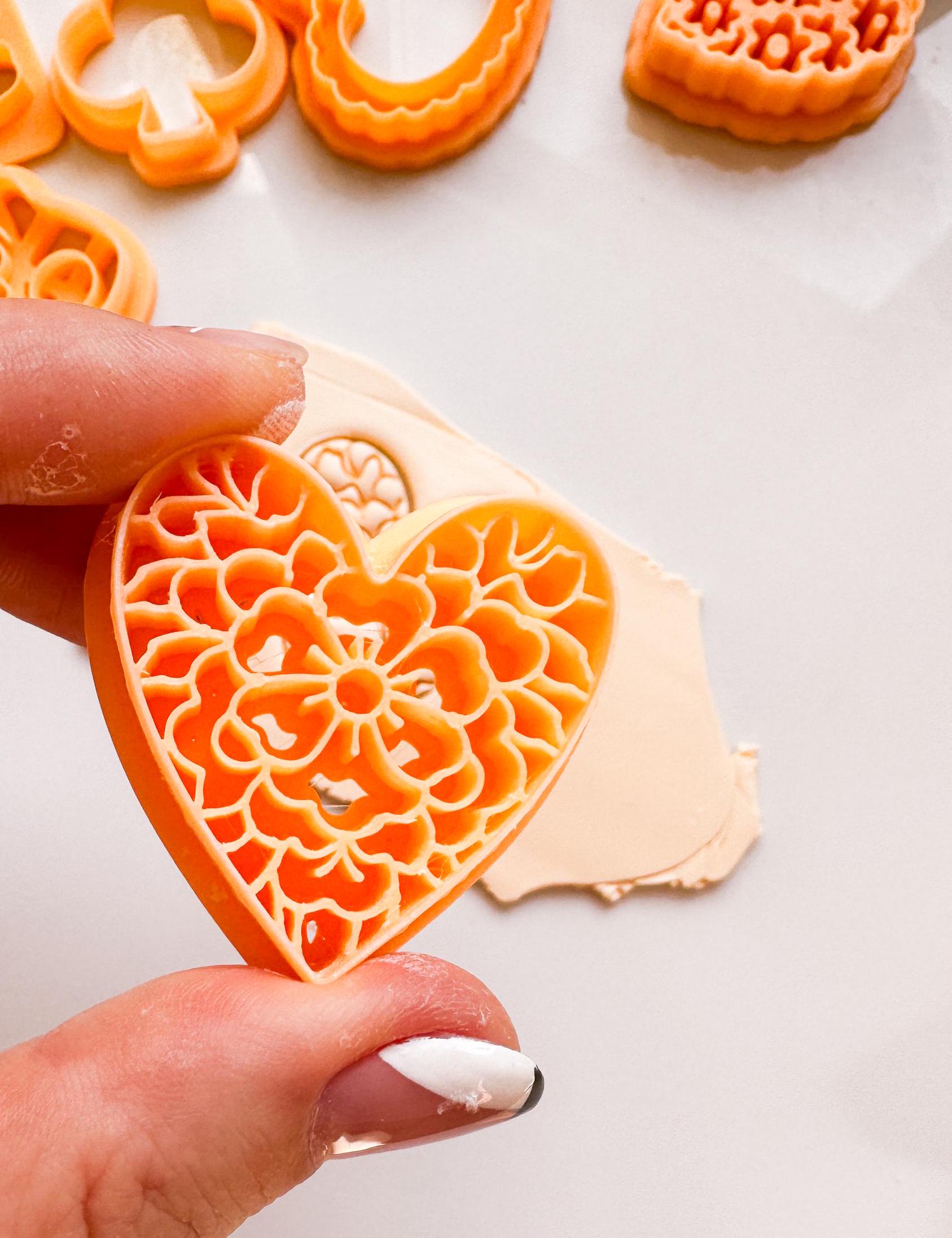 Floral Heart Clay Cutter: Embossed Flower Pattern Jewelry Tool