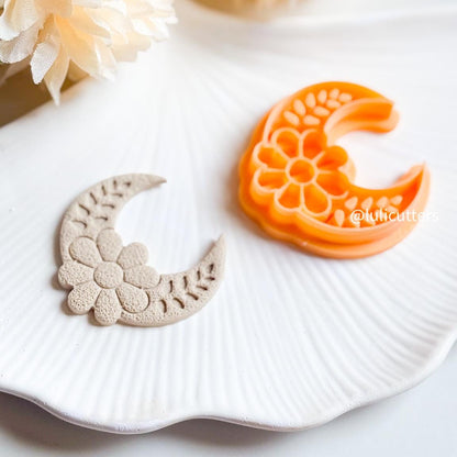 Floral Moon Clay Cutter: Crescent Polymer Clay Earring Imprint