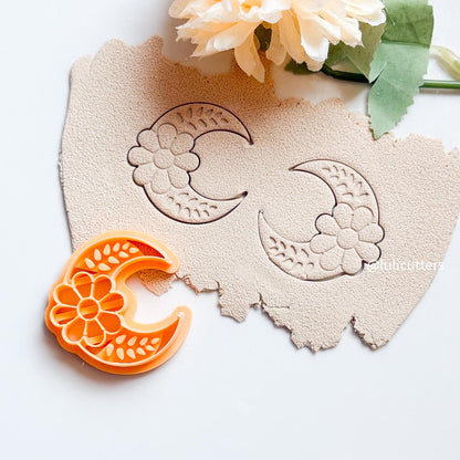 Floral Moon Clay Cutter: Crescent Polymer Clay Earring Imprint