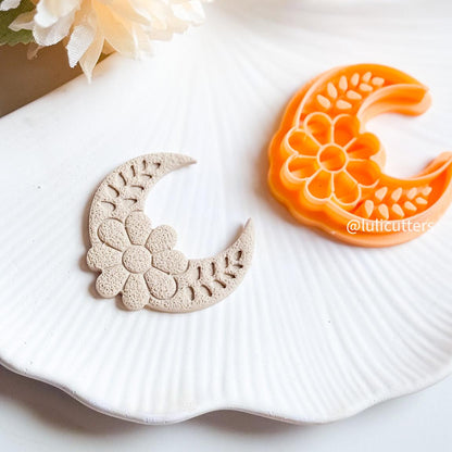 Floral Moon Clay Cutter: Crescent Polymer Clay Earring Imprint
