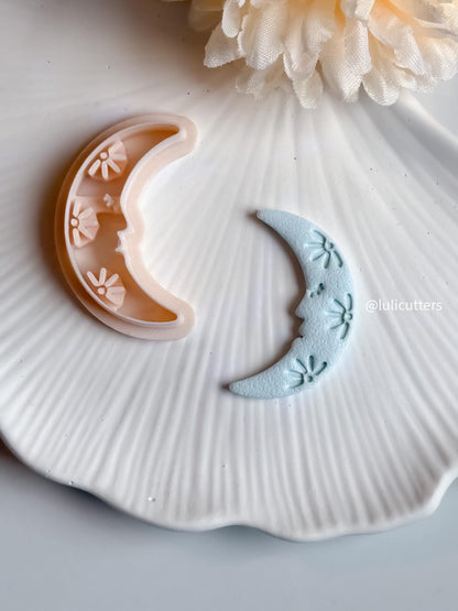 Floral Moon Face Polymer Clay Cutter Crescent Moon with Imprint Flowers for Celestial Earrings