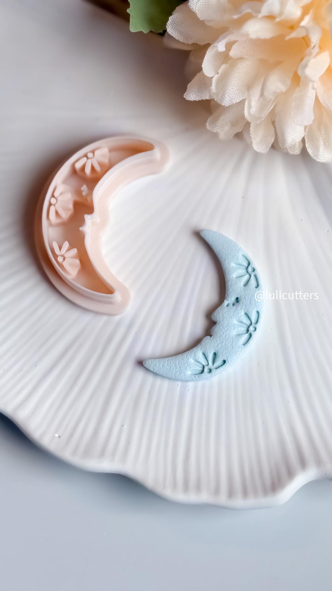 Floral Moon Face Polymer Clay Cutter Crescent Moon with Imprint Flowers for Celestial Earrings