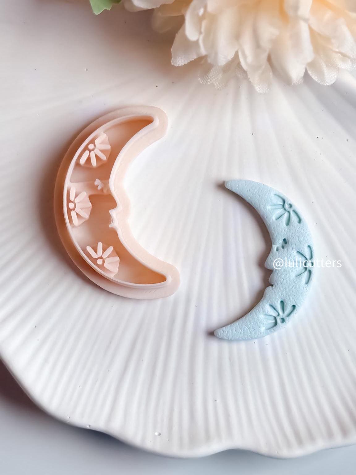 Floral Moon Face Polymer Clay Cutter Crescent Moon with Imprint Flowers for Celestial Earrings