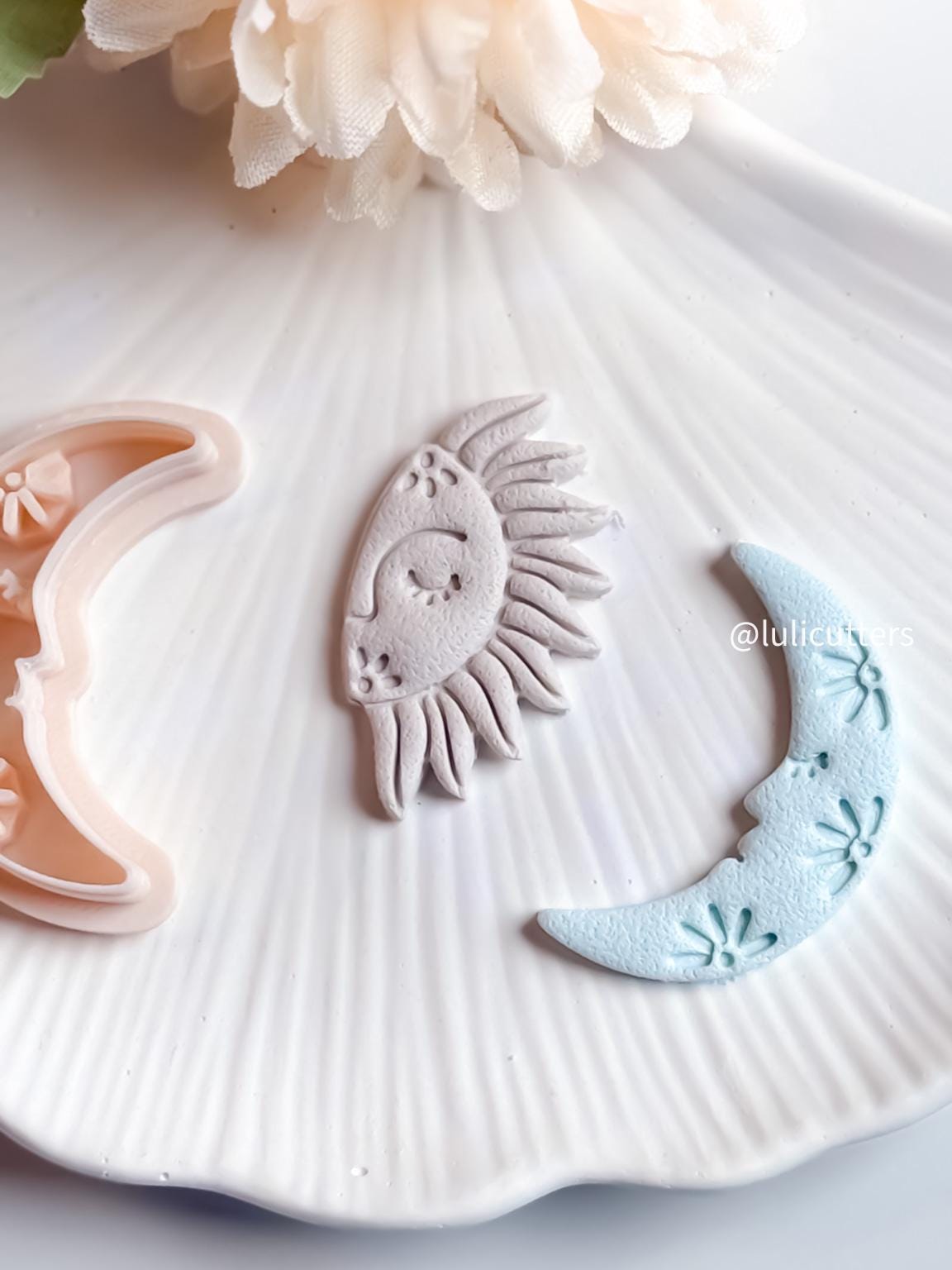Floral Moon Face Polymer Clay Cutter Crescent Moon with Imprint Flowers for Celestial Earrings