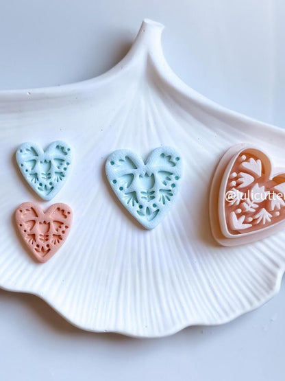 Floral Heart Clay Cutter: Embossed Polymer Clay Earring Tool