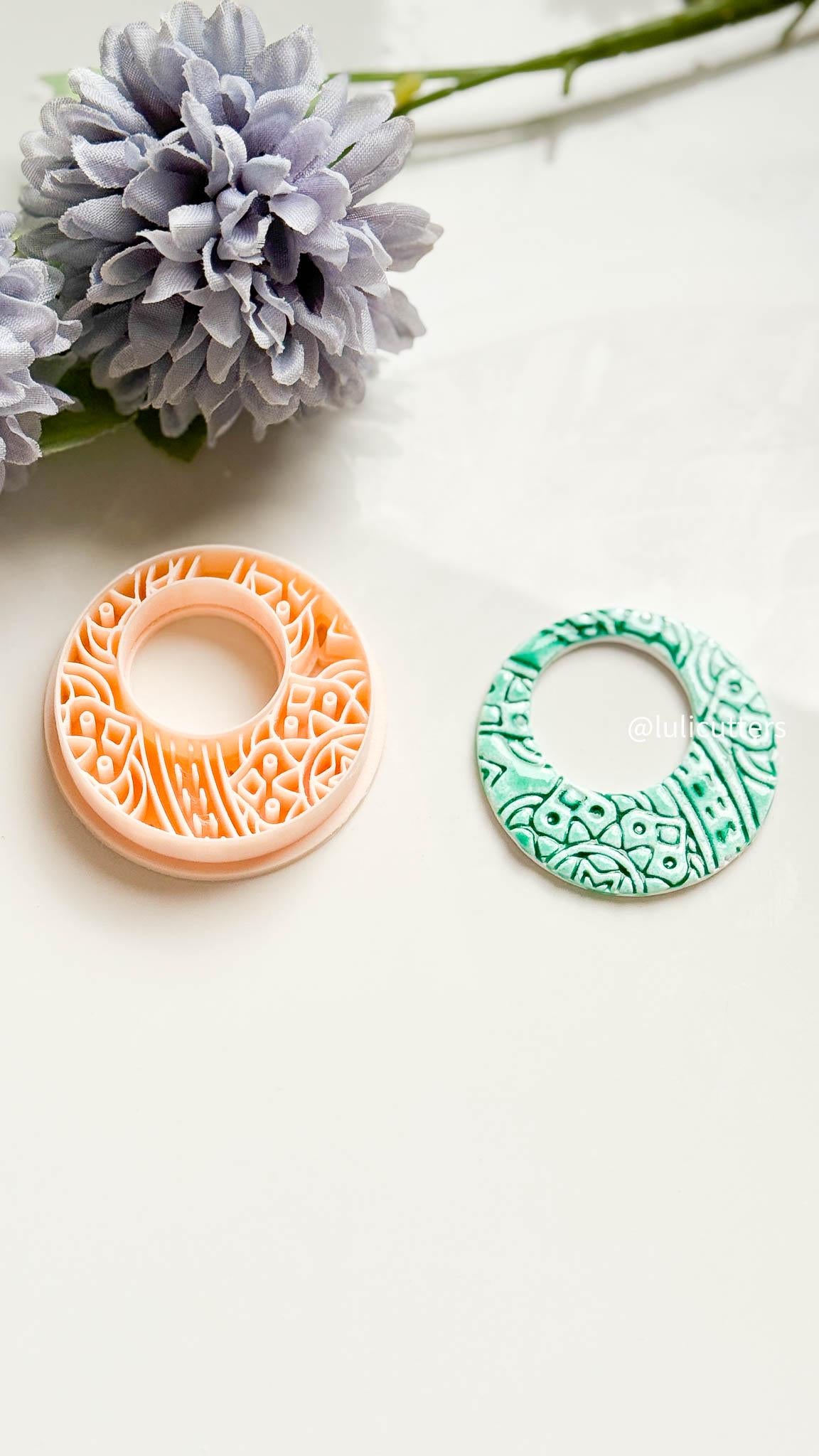 Faux Ceramic Mandala Hoop Clay Cutter 50 mm Debossed Mediterranean Pattern