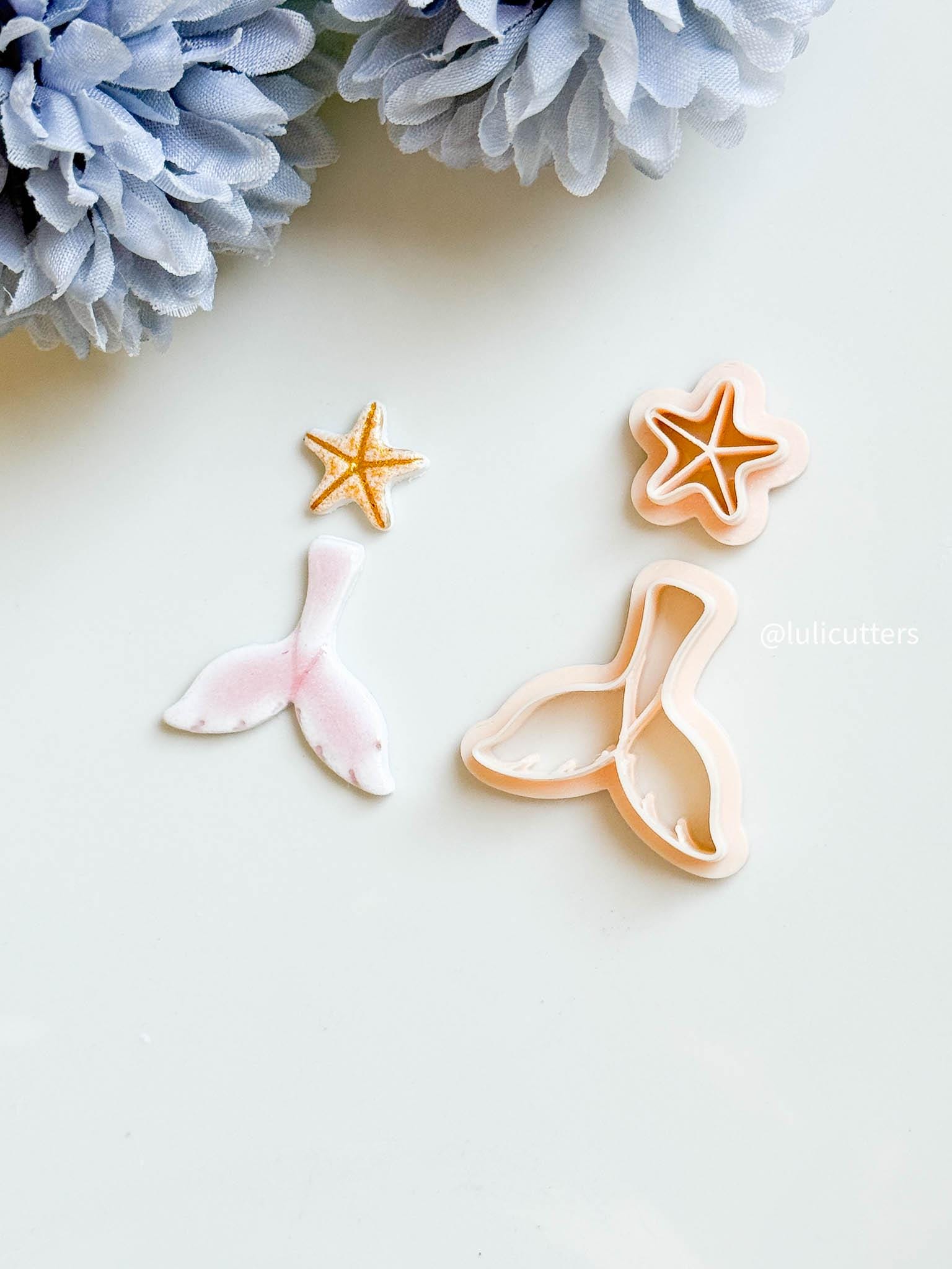 Mermaid Tail & Seashell Clay Cutter Set Ocean Theme with Imprints for Polymer Clay Jewelry