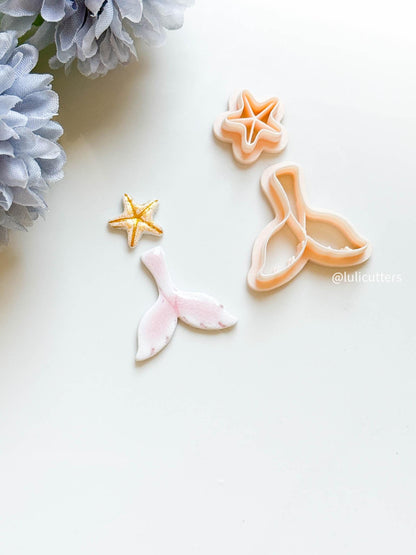 Mermaid Tail & Seashell Clay Cutter Set Ocean Theme with Imprints for Polymer Clay Jewelry