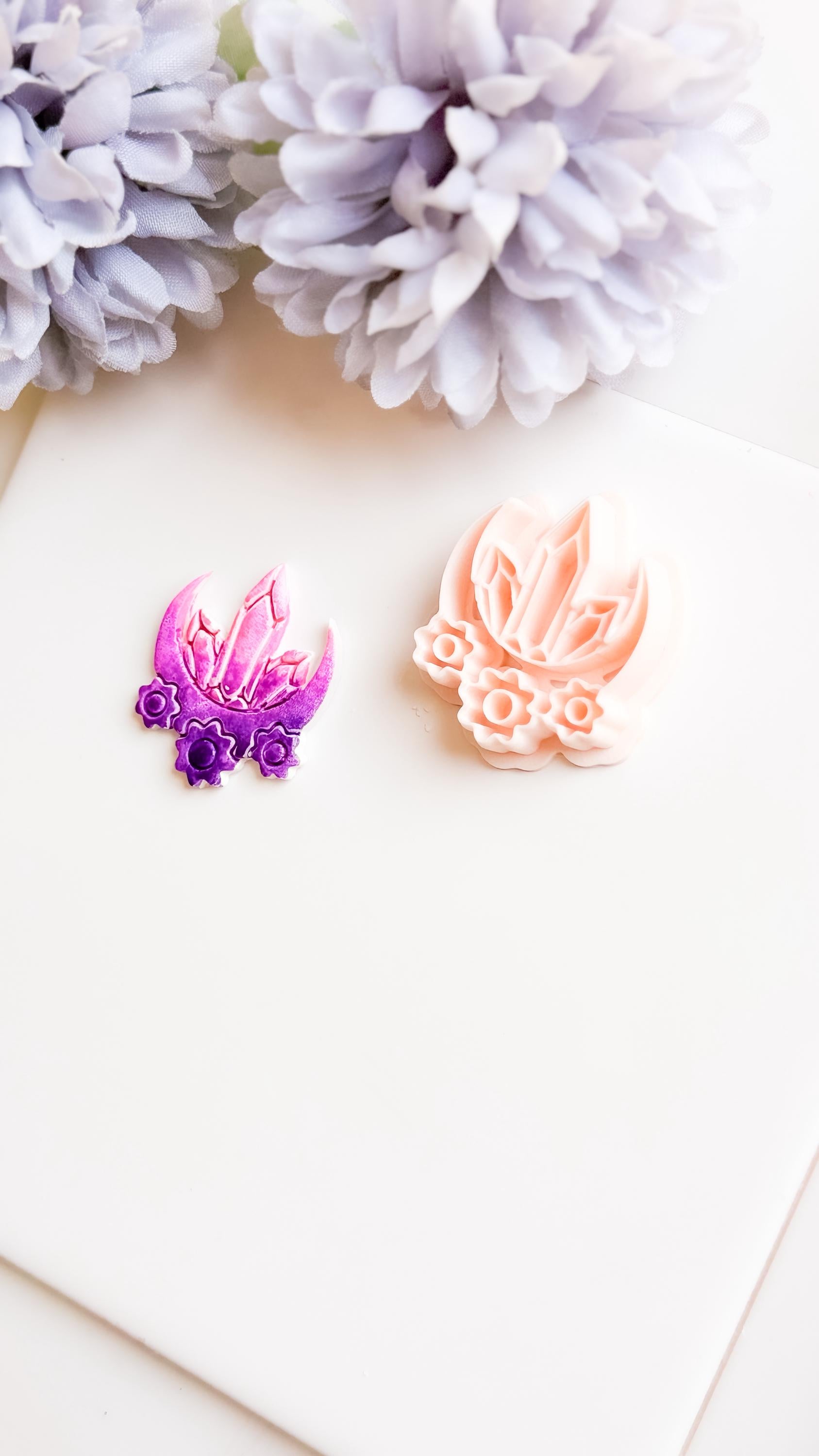 Crystal Moon Polymer Clay Cutter: Crescent Earring Mold with Flowers