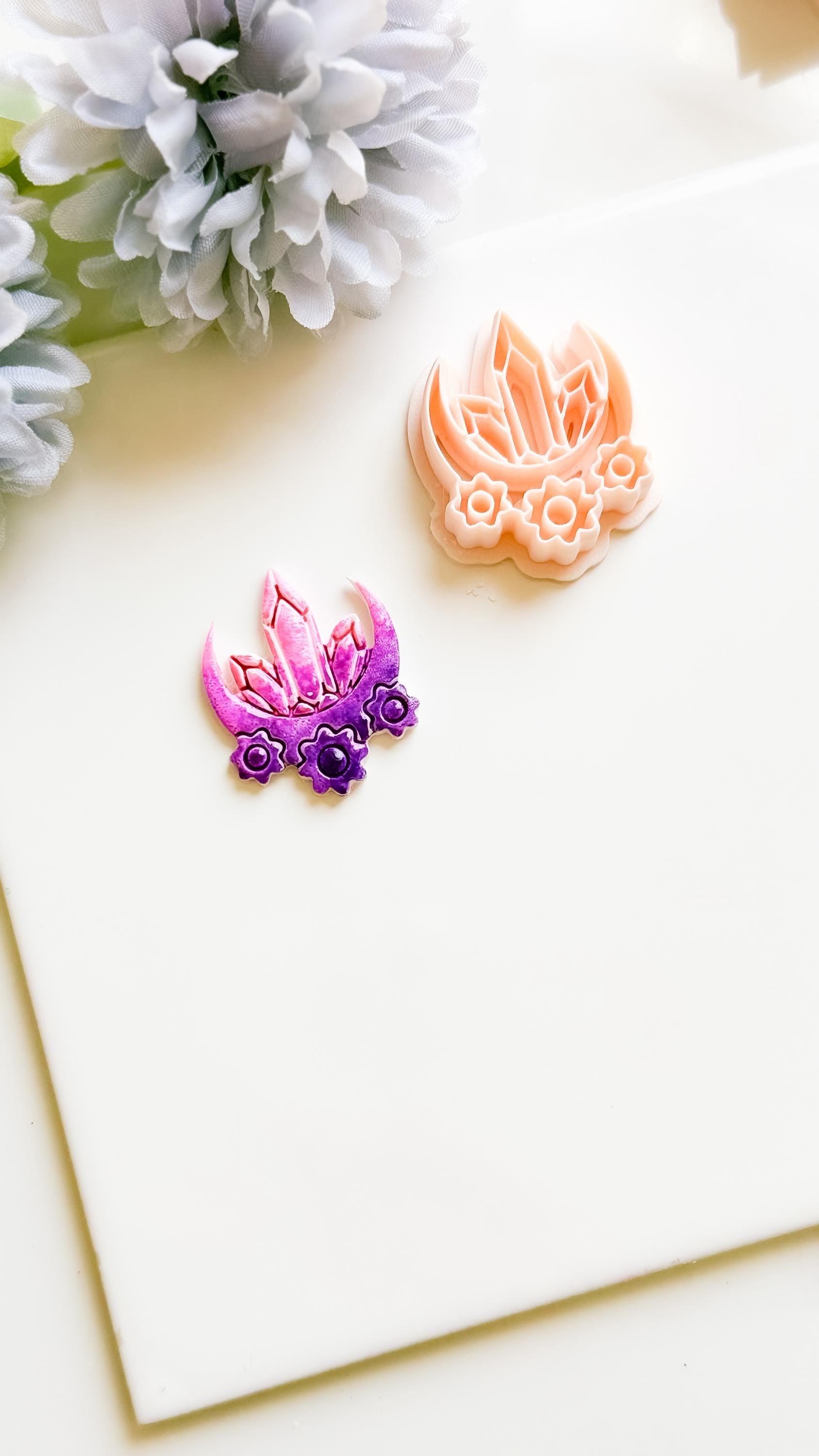 Crystal Moon Polymer Clay Cutter: Crescent Earring Mold with Flowers