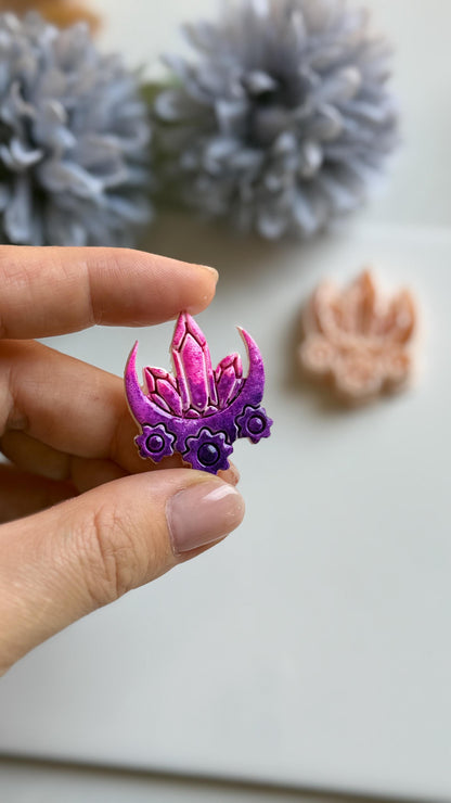 Crystal Moon Polymer Clay Cutter: Crescent Earring Mold with Flowers