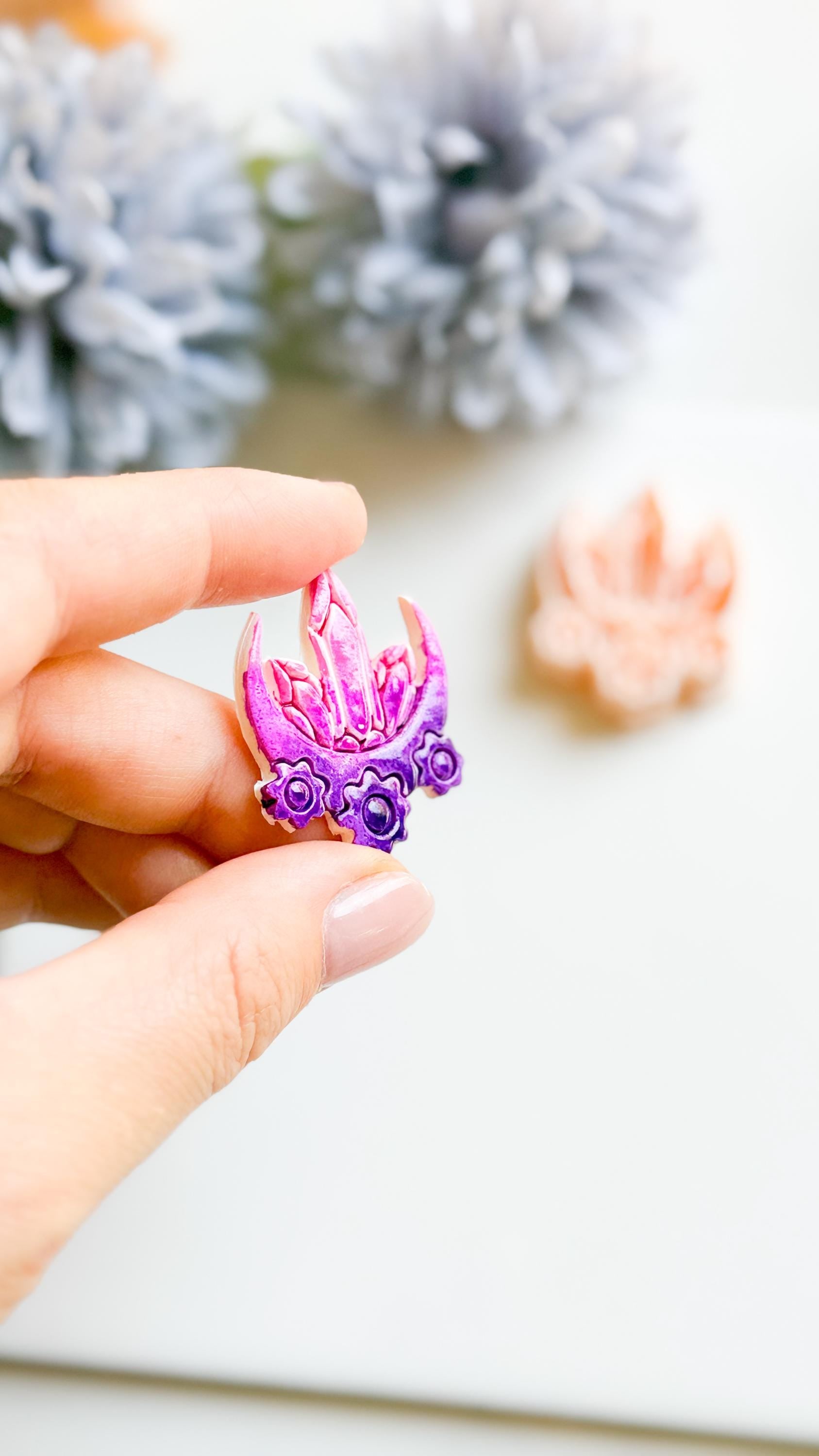 Crystal Moon Polymer Clay Cutter: Crescent Earring Mold with Flowers