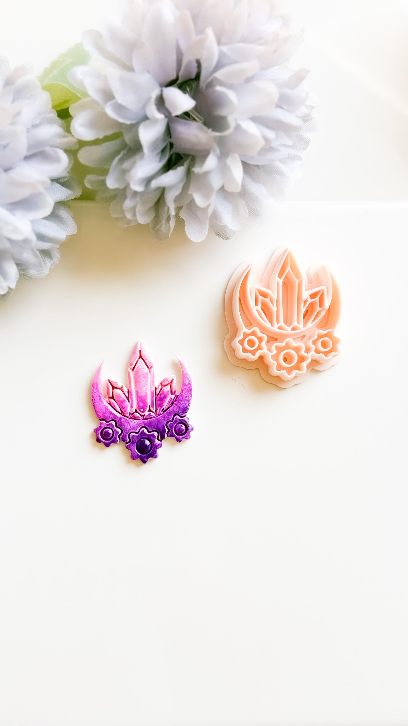 Crystal Moon Polymer Clay Cutter: Crescent Earring Mold with Flowers