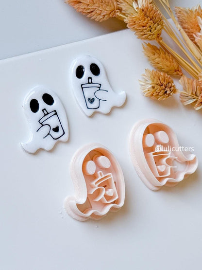 Coffee-Loving Ghost Clay Cutter: Halloween Polymer Clay Earrings & Charms