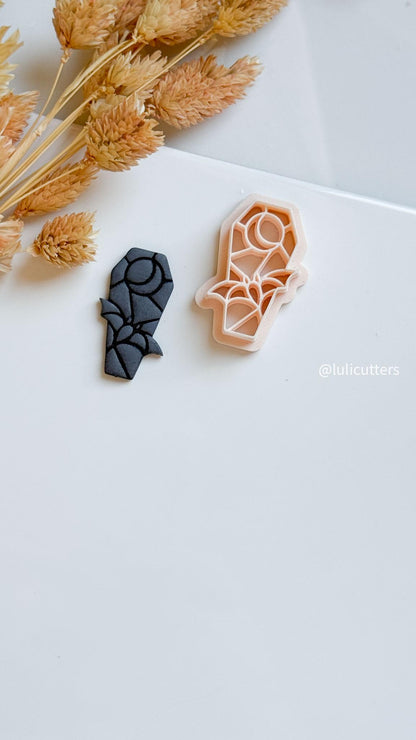 Bat Coffin Clay Cutter: Gothic Halloween Earring Tool with Stained Glass Moon