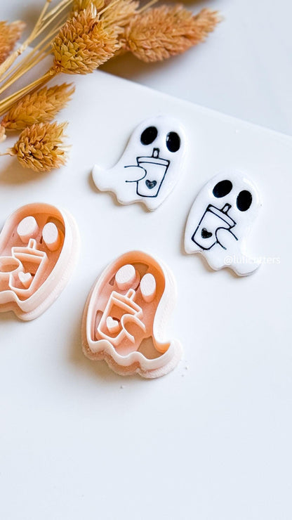 Coffee-Loving Ghost Clay Cutter: Halloween Polymer Clay Earrings & Charms
