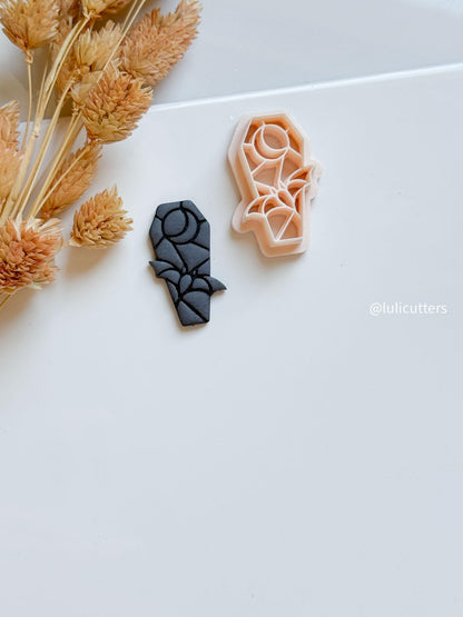 Bat Coffin Clay Cutter: Gothic Halloween Earring Tool with Stained Glass Moon