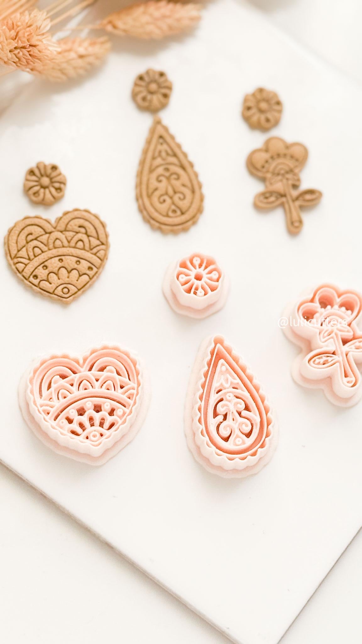 Mehndi Earrings Polymer Clay Cutters Heart, Paisley and Floral