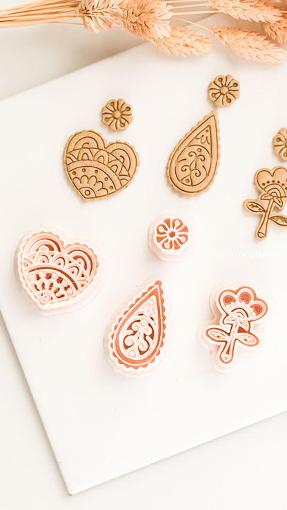 Mehndi Earrings Polymer Clay Cutters Heart, Paisley and Floral
