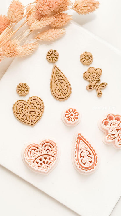 Mehndi Earrings Polymer Clay Cutters Heart, Paisley and Floral