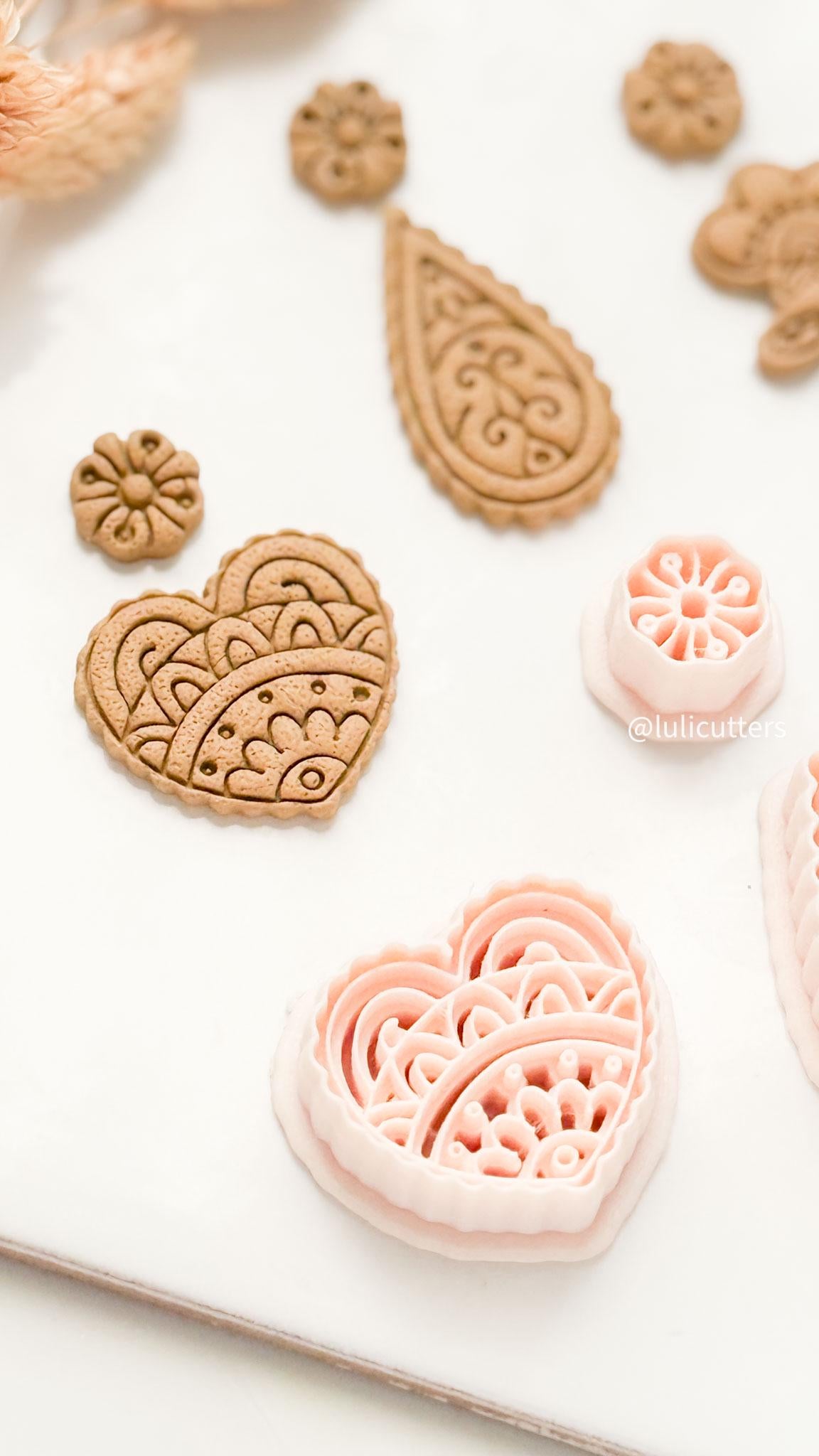 Mehndi Earrings Polymer Clay Cutters Heart, Paisley and Floral