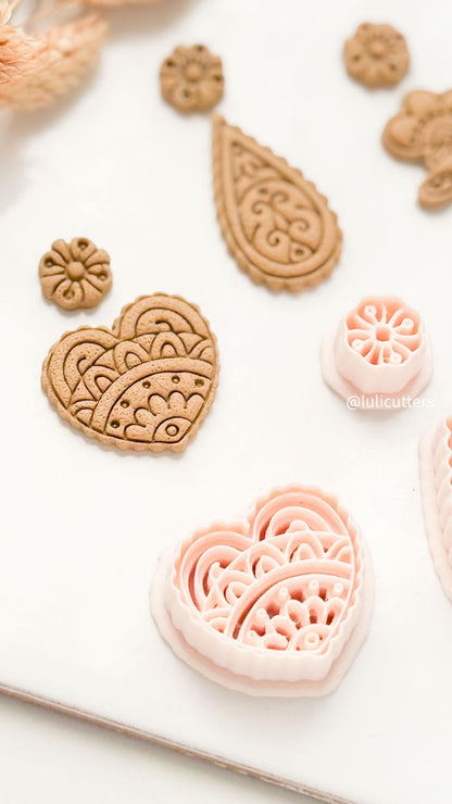 Mehndi Earrings Polymer Clay Cutters Heart, Paisley and Floral