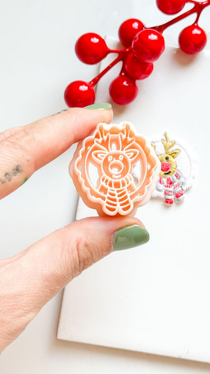 Polymer Clay Christmas Reindeer Cutter with Scarf and Imprint Details