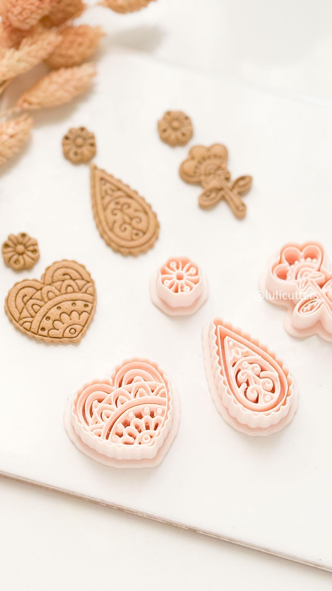 Mehndi Earrings Polymer Clay Cutters Heart, Paisley and Floral