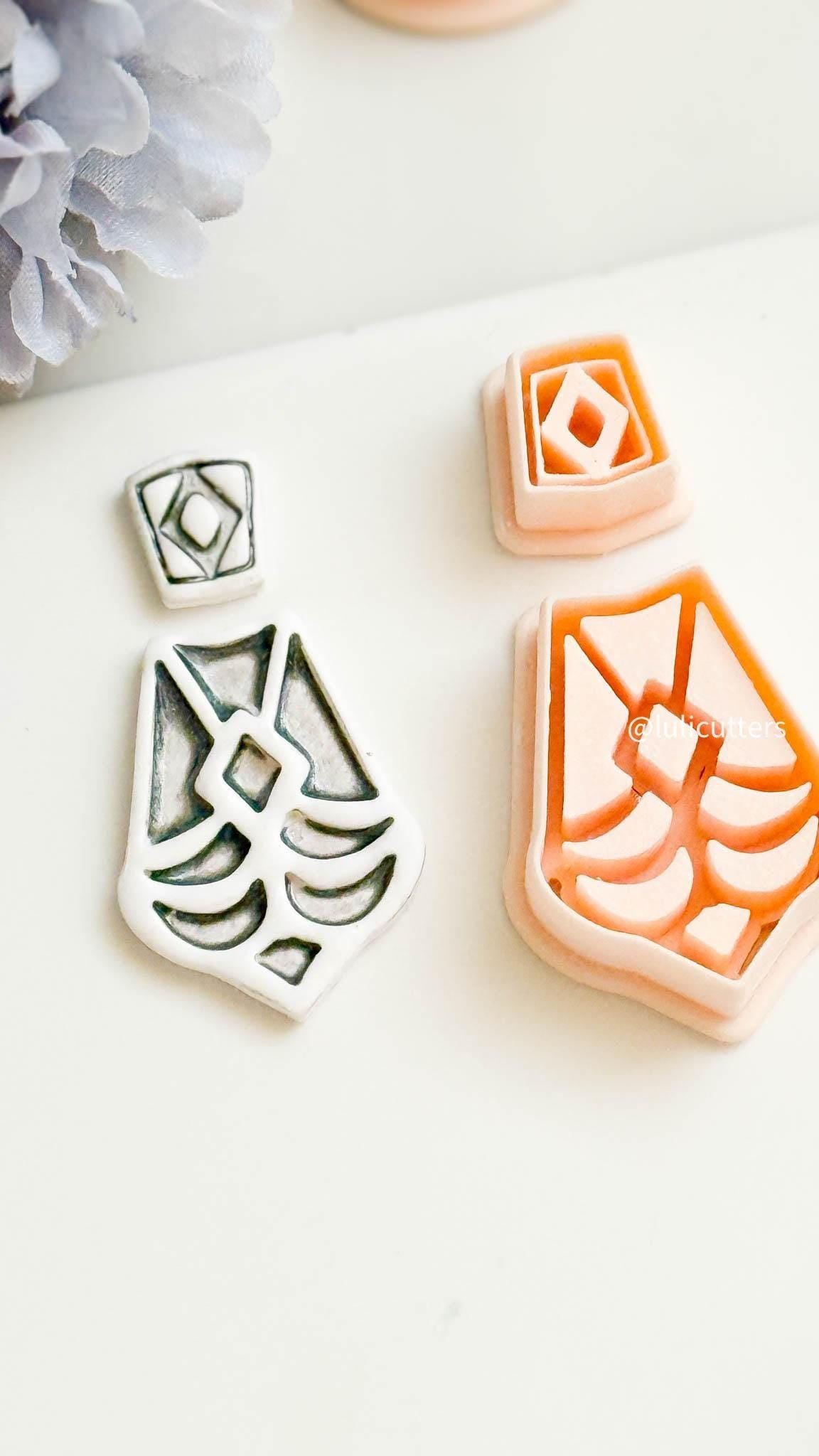 Geometric Fan Clay Earring Cutter Set Includes Diamond Topper + Deco-Inspired Base with Debossed Design