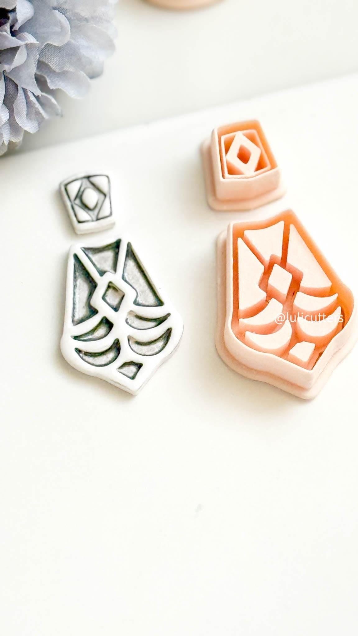 Geometric Fan Clay Earring Cutter Set Includes Diamond Topper + Deco-Inspired Base with Debossed Design