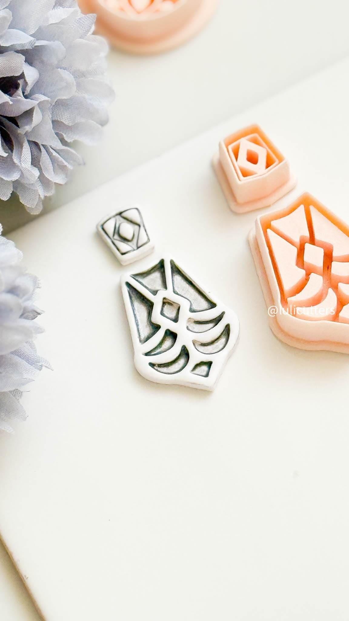 Geometric Fan Clay Earring Cutter Set Includes Diamond Topper + Deco-Inspired Base with Debossed Design