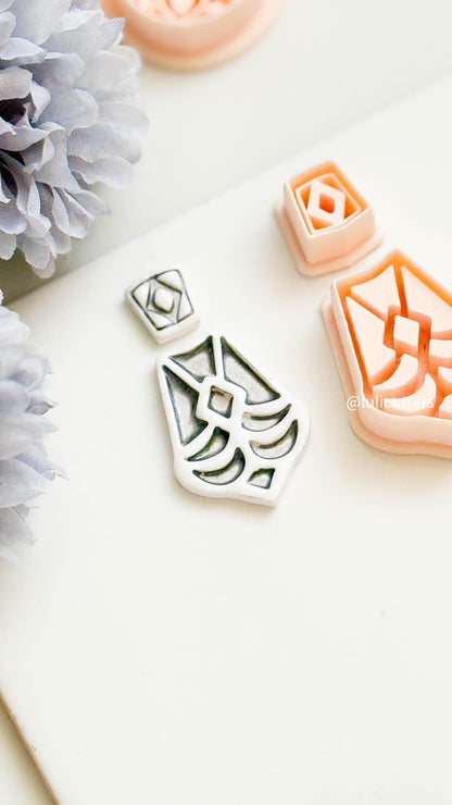 Geometric Fan Clay Earring Cutter Set Includes Diamond Topper + Deco-Inspired Base with Debossed Design