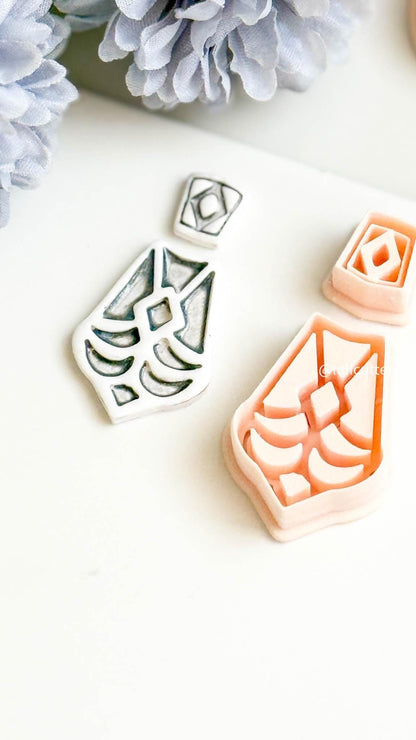 Geometric Fan Clay Earring Cutter Set Includes Diamond Topper + Deco-Inspired Base with Debossed Design