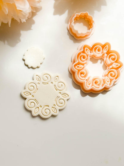 Swirl Floral Clay Cutter Set Faux Ceramic Style with Topper + Imprint Base