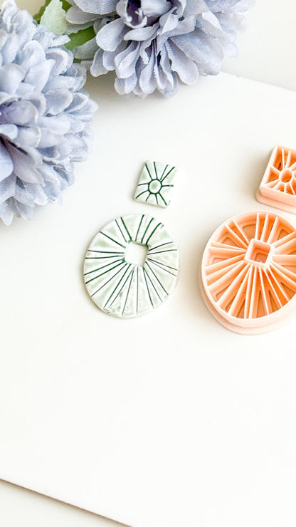 Sunburst Circle Clay Earring Cutter Set Includes Square Topper + Radiating Debossed Round Base