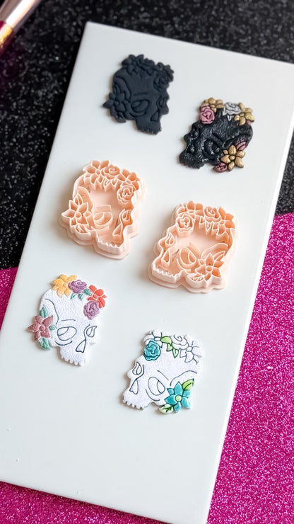 Floral Skull Clay Cutter: Polymer Clay Earring Mold, Botanical Goth (46 mm