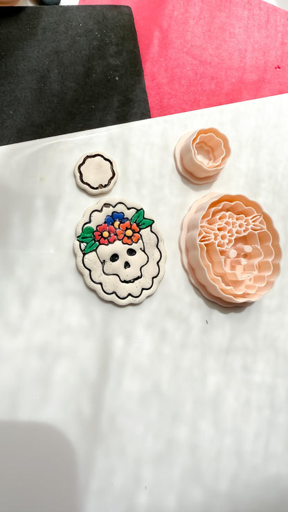 Floral Skull Cutter Set Day of the Dead Polymer Clay Mold Sugar Skull Jewelry Tool 40 mm Base + 16 mm Topper