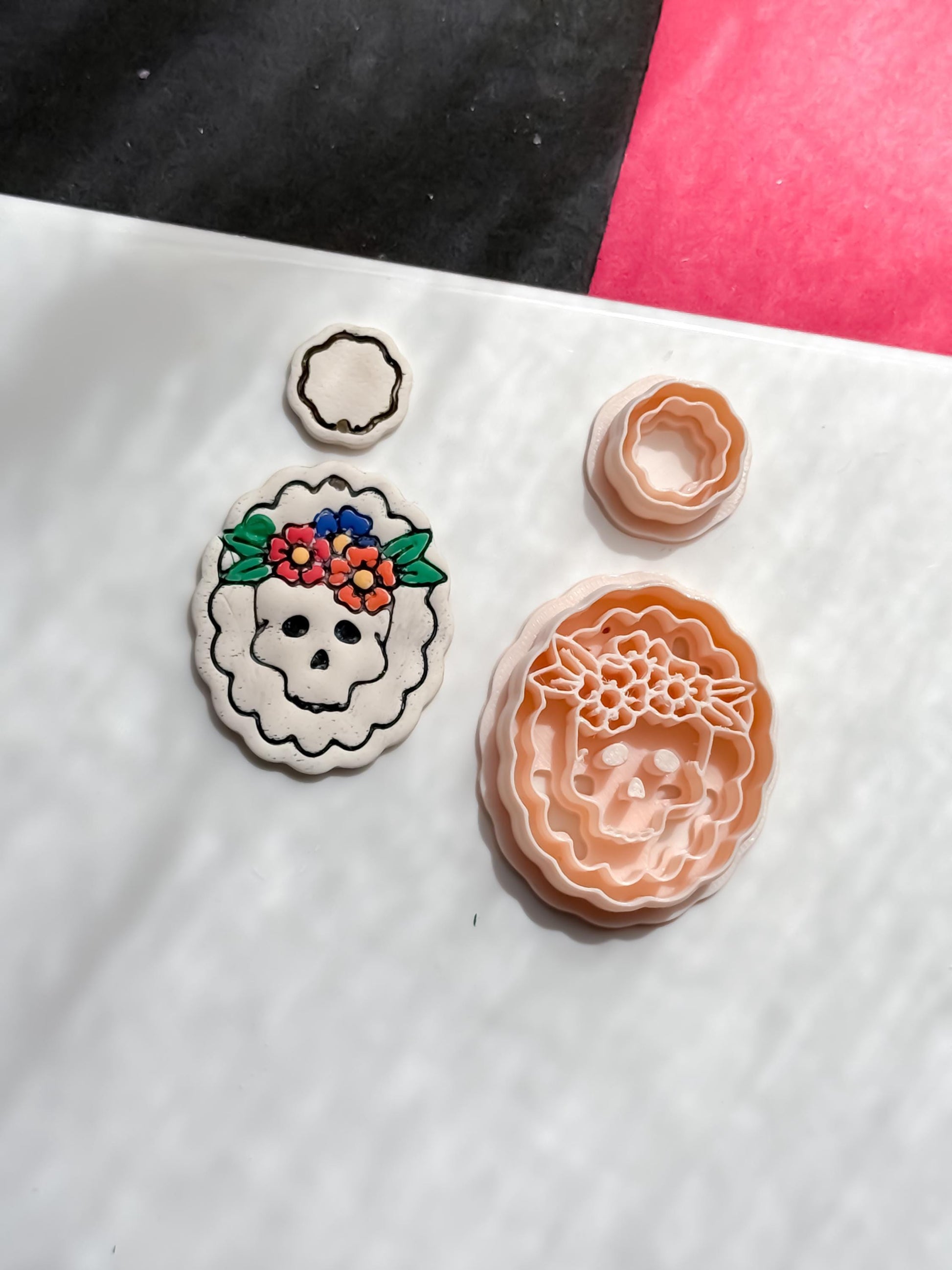 Floral Skull Cutter Set Day of the Dead Polymer Clay Mold Sugar Skull Jewelry Tool 40 mm Base + 16 mm Topper