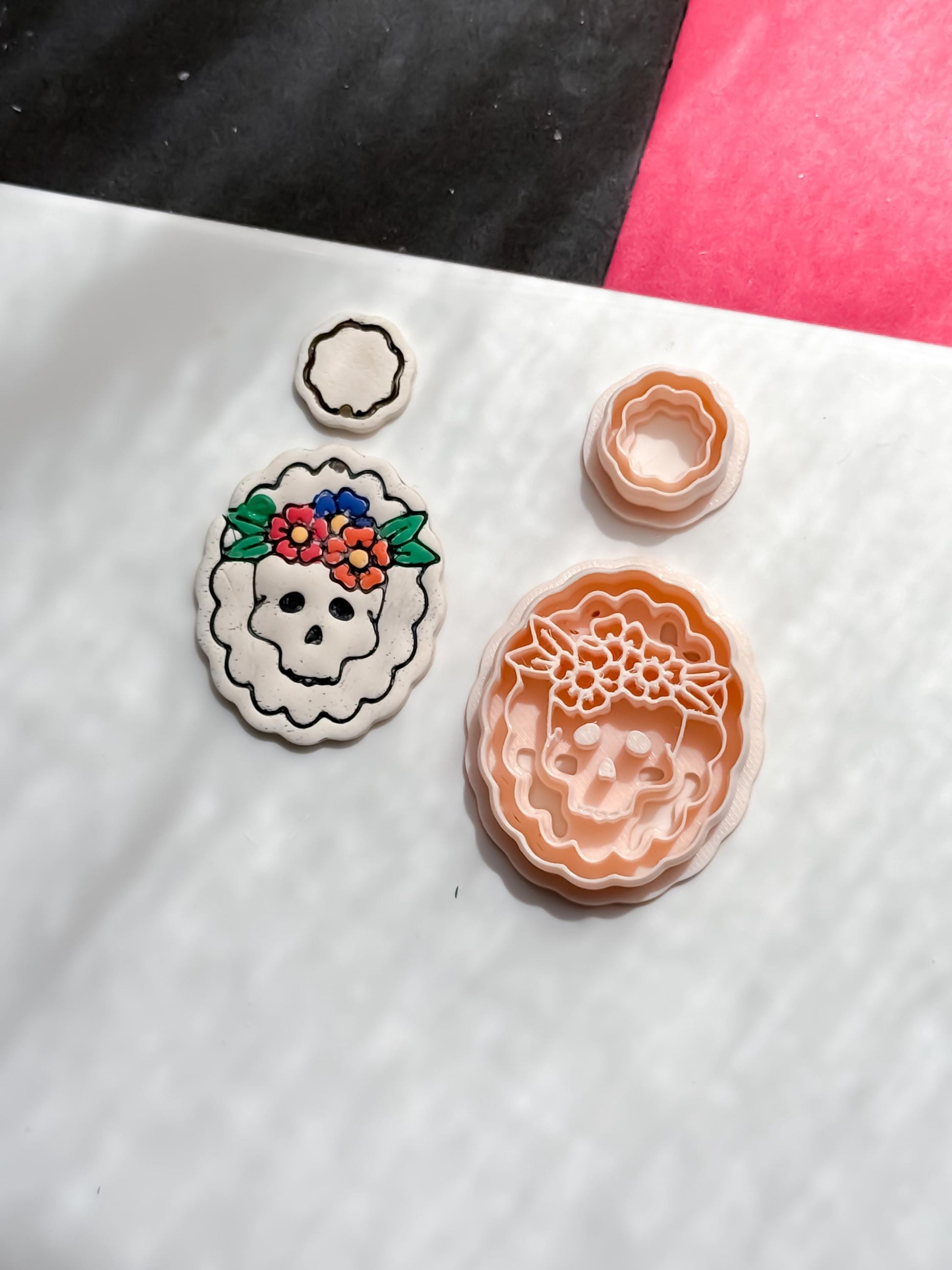 Floral Skull Cutter Set Day of the Dead Polymer Clay Mold Sugar Skull Jewelry Tool 40 mm Base + 16 mm Topper