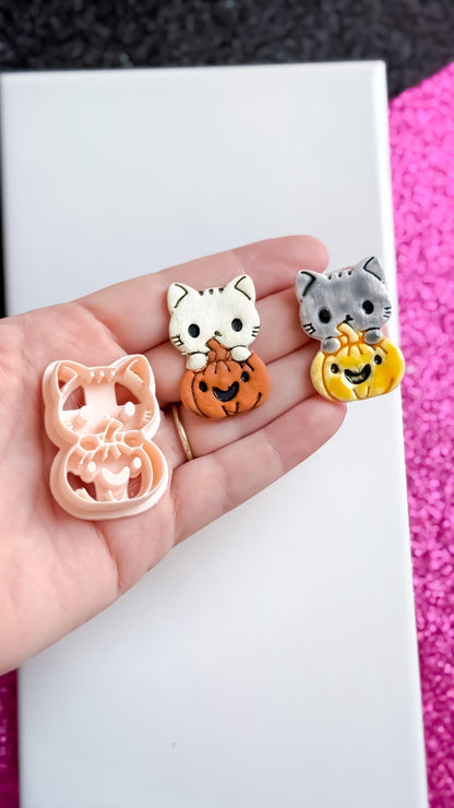 Cat and Pumpkin Cutter: Polymer Clay Earring Mold for Halloween Jewelry