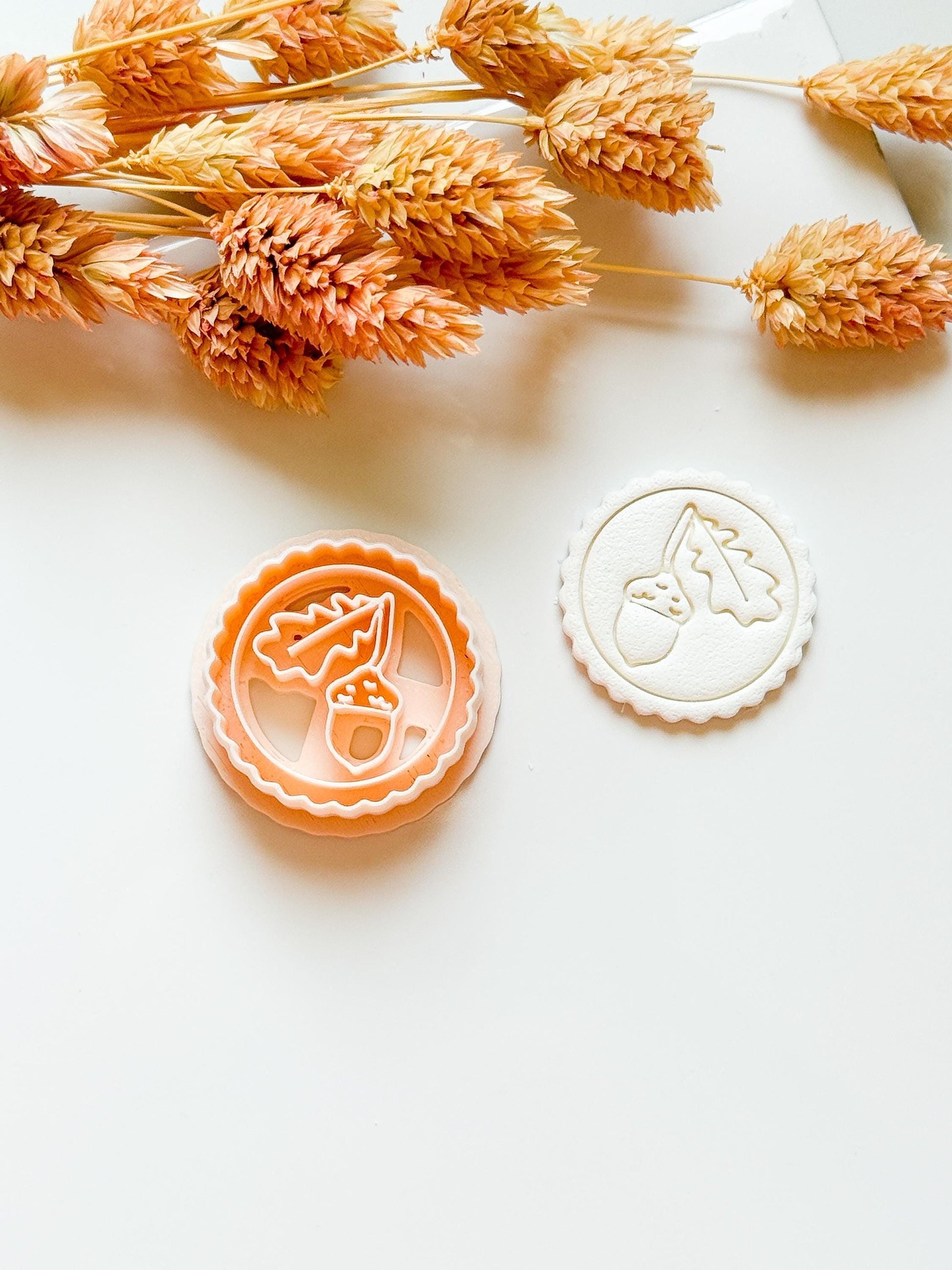 Oak & Acorn Polymer Clay Cutter: Embossed Fall Leaf Medallion, 30mm