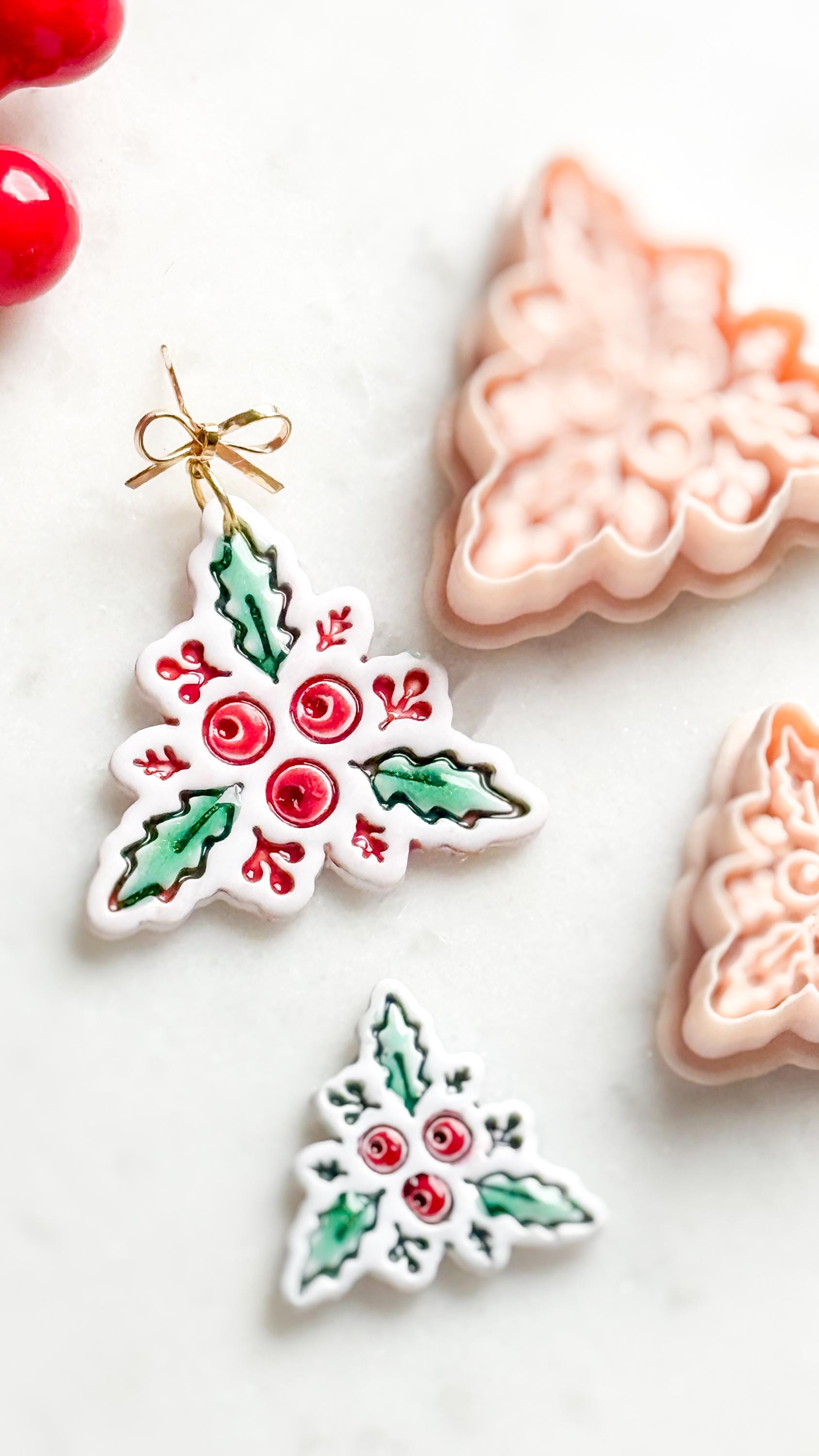 Holly & Berries Clay Cutter – Christmas Polymer Clay Stud Shape