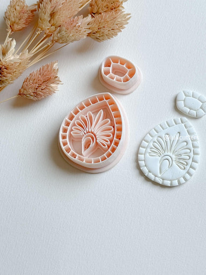 Ornamental Teardrop Clay Earring Cutter Set Includes Base + Fan Motif Topper