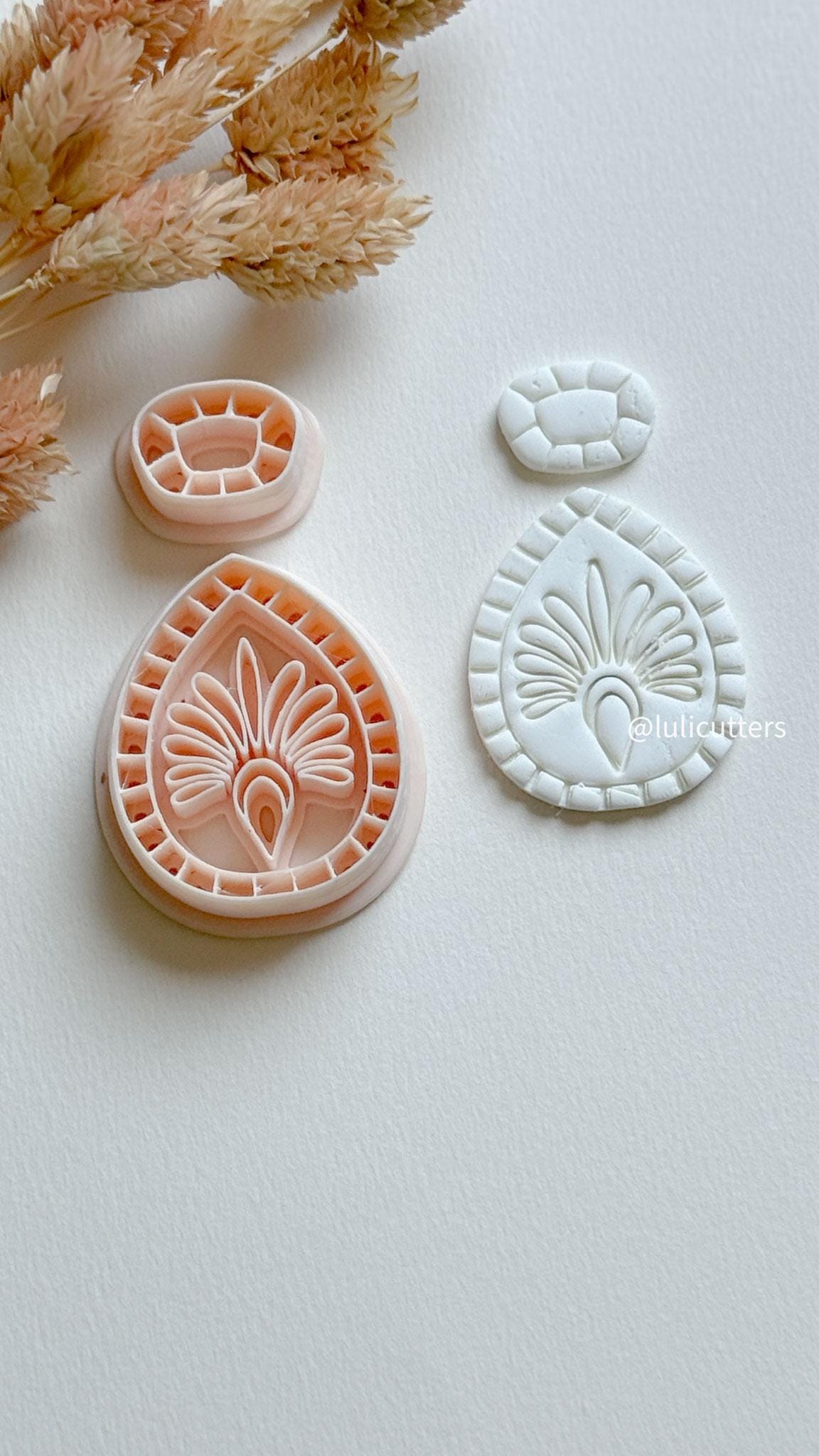 Ornamental Teardrop Clay Earring Cutter Set Includes Base + Fan Motif Topper