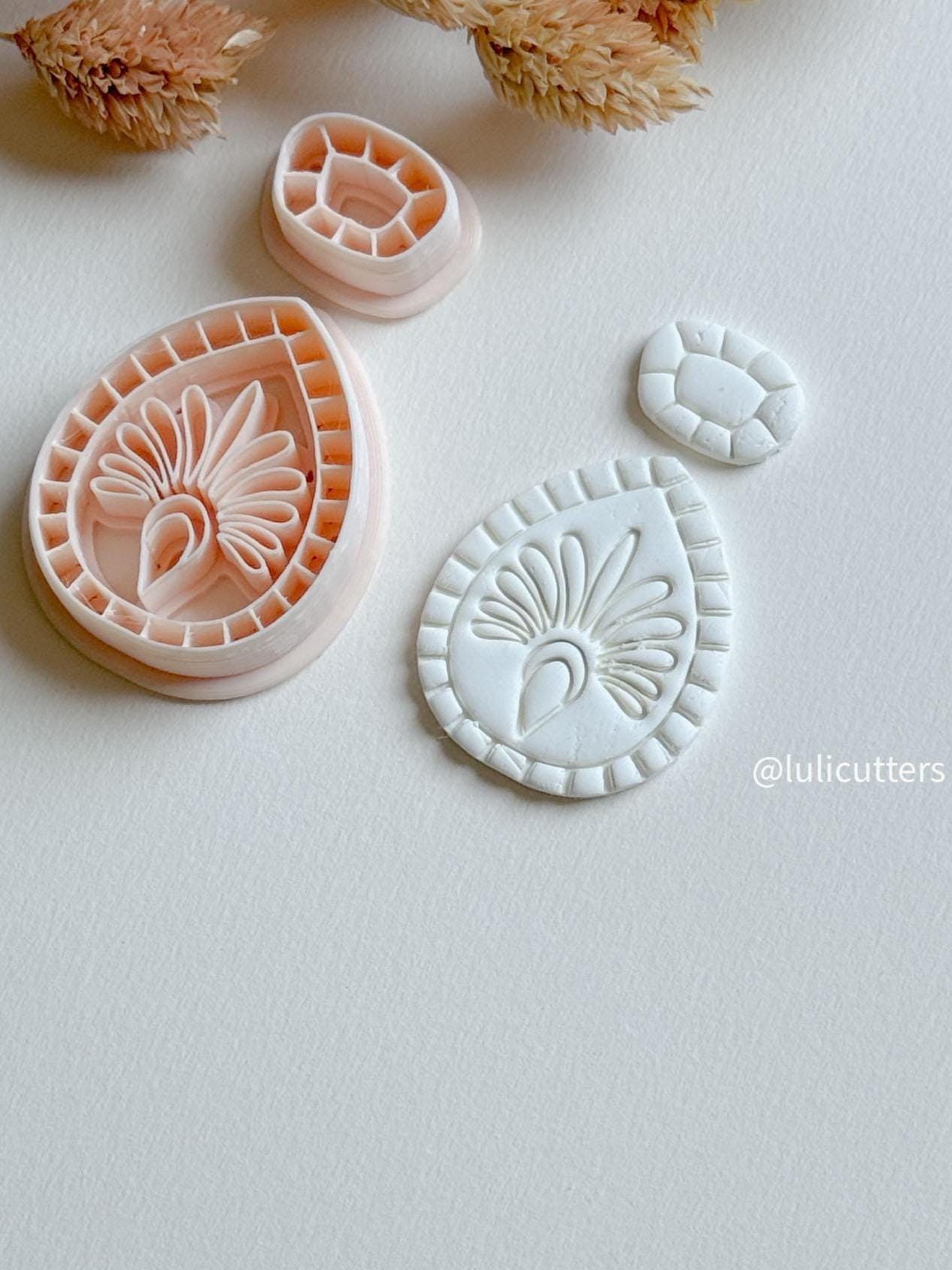 Ornamental Teardrop Clay Earring Cutter Set Includes Base + Fan Motif Topper