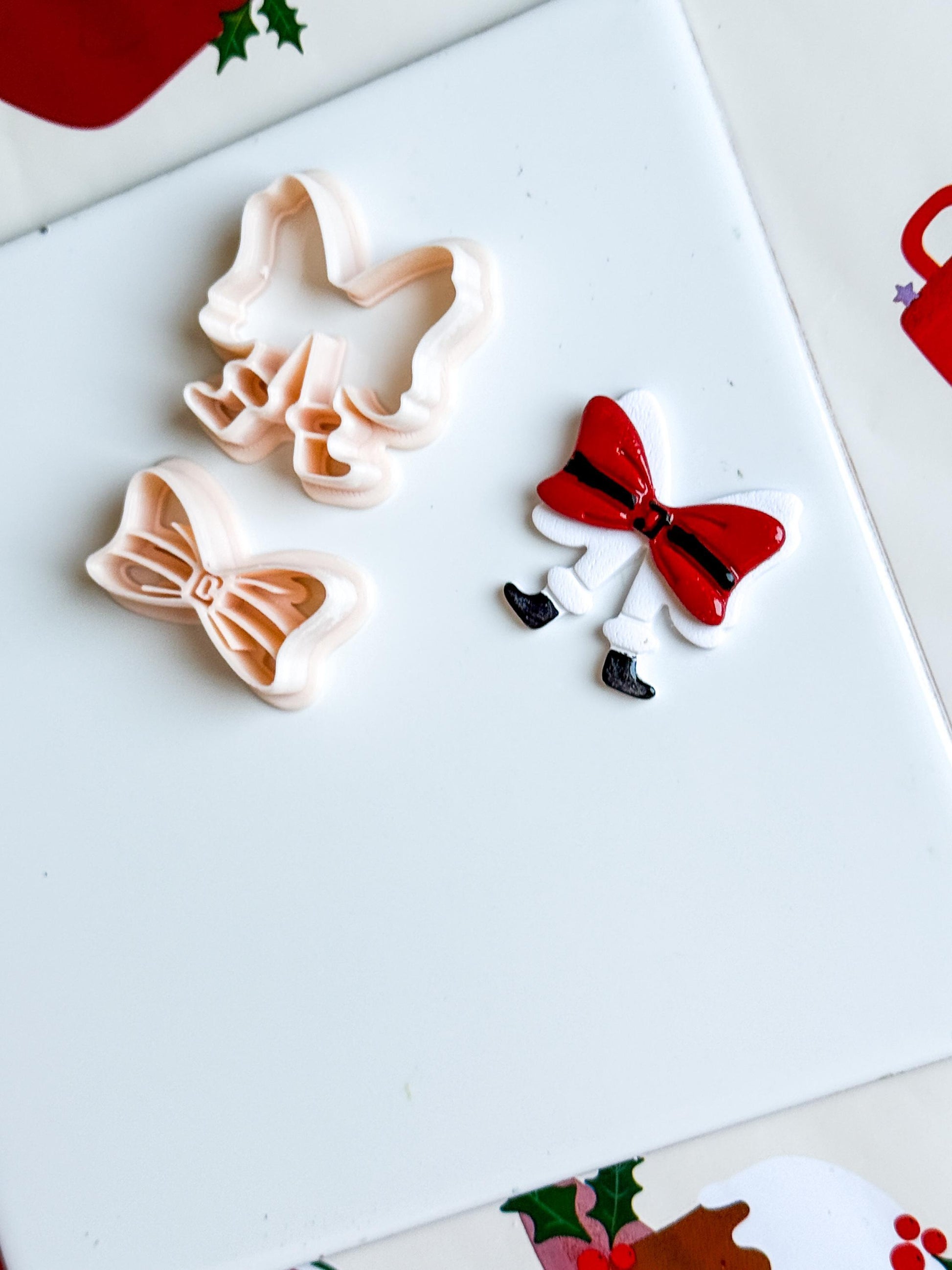 Polymer Clay Santa Bow Cutter Set Layered Bow with Boots & Imprint Details