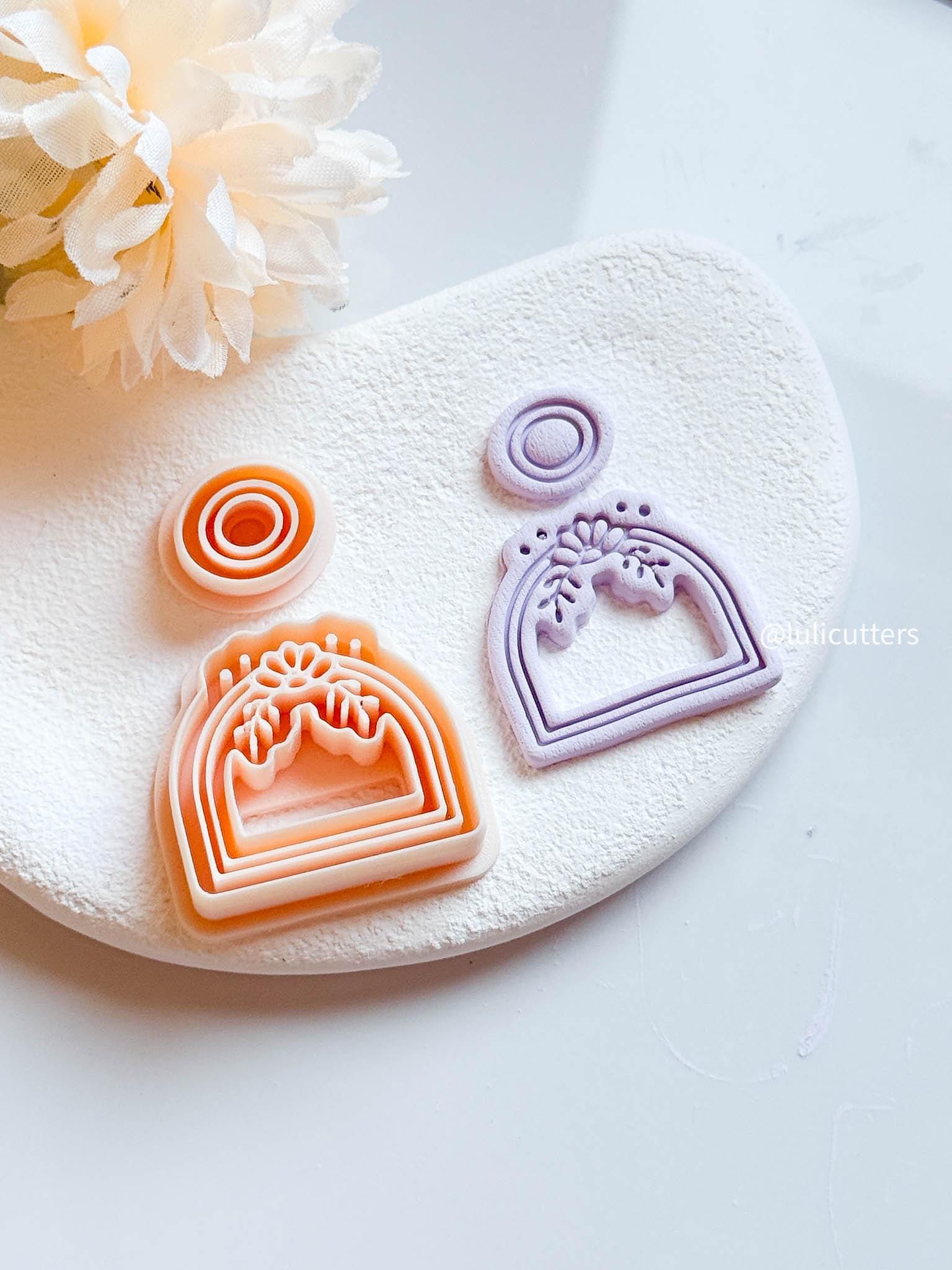 Boho Arch Clay Earring Cutter Set Floral Deboss Detail with Matching Circle Topper