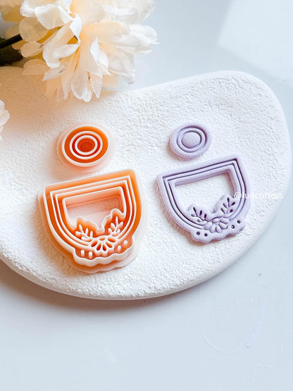 Boho Arch Clay Earring Cutter Set Floral Deboss Detail with Matching Circle Topper